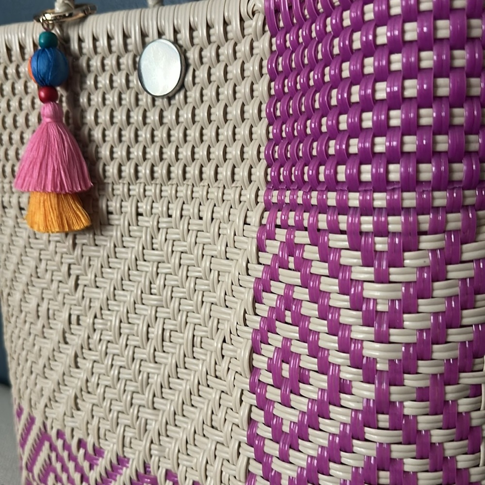 Cream and Pink Geometric recycled Tote Bag with Sturdy Handles - Picture 2 of 4